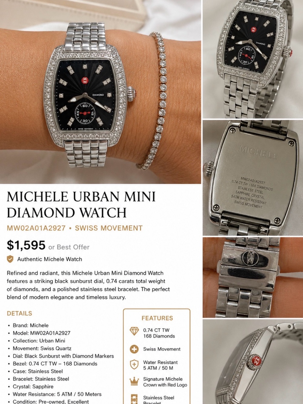 Michele Diamond-Set Stainless Steel Tonneau Watch — Black Dial - Picture 4 of 13